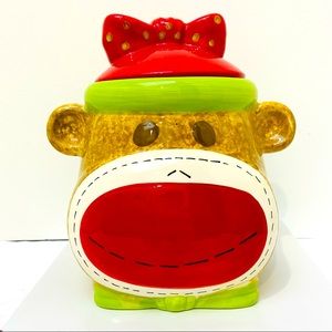 Girl Sock Monkey Ceramic Cookie Jar Real Home Earthenware Red Smiley Face.